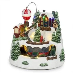 Animated Christmas Village With Train, Hot Air Balloon And LED