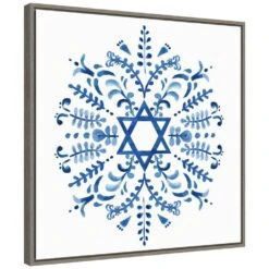 22 In. Canvas Indigo Hanukkah IV Christmas Holiday Framed Box Wall Art