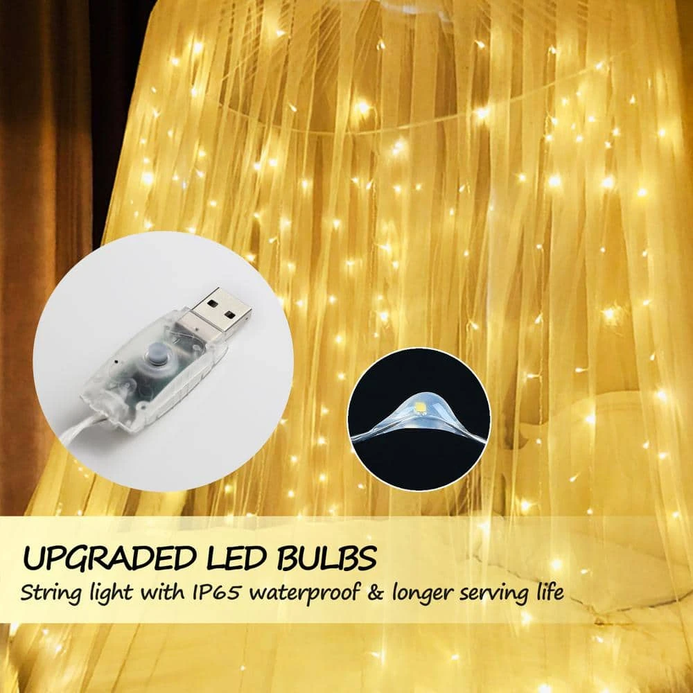 9.8 Ft. X 9.8 Ft. 300 LED Warm White Window Curtain String Light With Remote, 8-Lighting Modes USB Powered 4 9.8 Ft. X 9.8 Ft. 300 LED Warm White Window Curtain String Light With Remote, 8-Lighting Modes USB Powered - Image 4