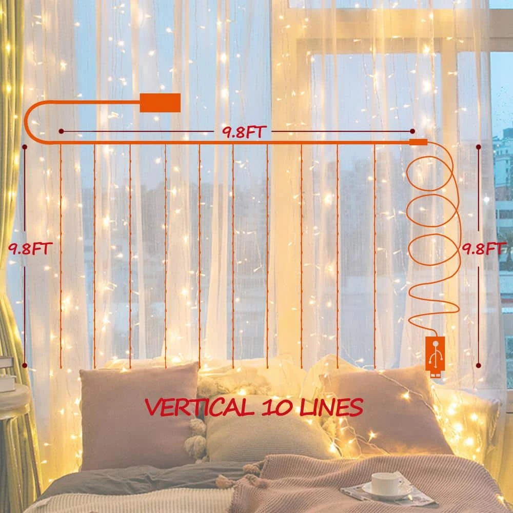 9.8 Ft. X 9.8 Ft. 300 LED Warm White Window Curtain String Light With Remote, 8-Lighting Modes USB Powered 2 9.8 Ft. X 9.8 Ft. 300 LED Warm White Window Curtain String Light With Remote, 8-Lighting Modes USB Powered - Image 2