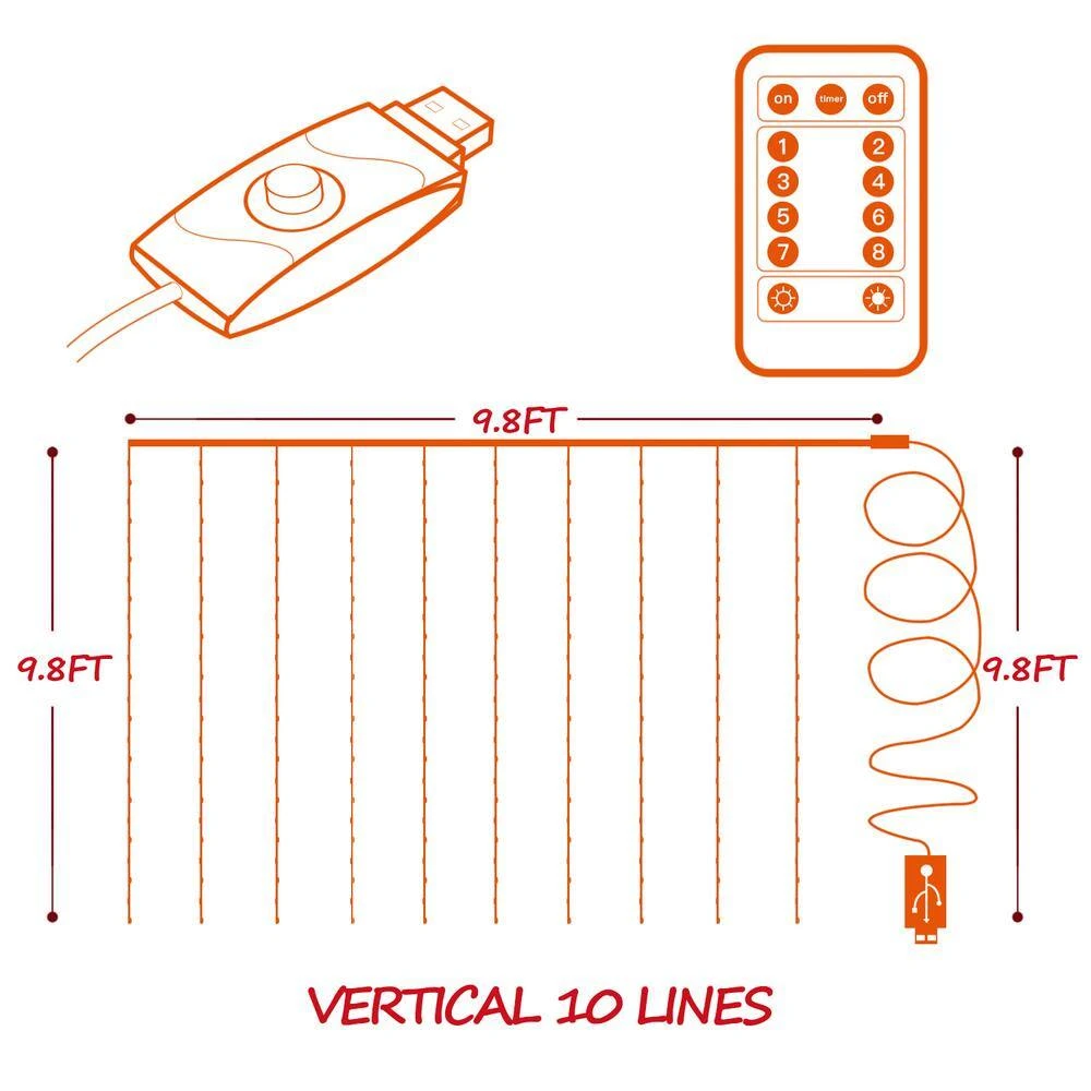9.8 Ft. X 9.8 Ft. 300 LED Warm White Window Curtain String Light With Remote, 8-Lighting Modes USB Powered 3 9.8 Ft. X 9.8 Ft. 300 LED Warm White Window Curtain String Light With Remote, 8-Lighting Modes USB Powered - Image 3