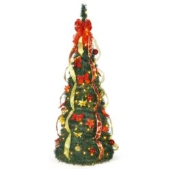 4.5 Ft. Pre-Lit LED Pop Up Artificial Christmas Tree With 100 Lights, 2 Red And Golden Ribbons And Green Plastic Stand