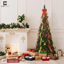 4.5 Ft. Pre-Lit LED Pop Up Artificial Christmas Tree With 100 Lights, 2 Red And Golden Ribbons And Green Plastic Stand -Northlight Shop caphaus pre lit christmas trees hdfc chpg5406l grrd c3 1000