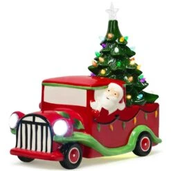 10.5 In. Pre-Lit Vintage Tabletop Ceramic Christmas Tree Truck With Battery