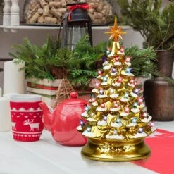 15 In. Gold Ceramic Battery Operated Tabletop Christmas Tree With Lights -Northlight Shop christmas centerpieces cm hwy 22111 31 1000
