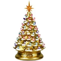 15 In. Gold Ceramic Battery Operated Tabletop Christmas Tree With Lights