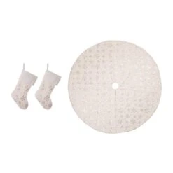 48 In. D Christmas Tree Skirt And 2-Pack Stocking White Plush With Snowflake (Set Of 3)