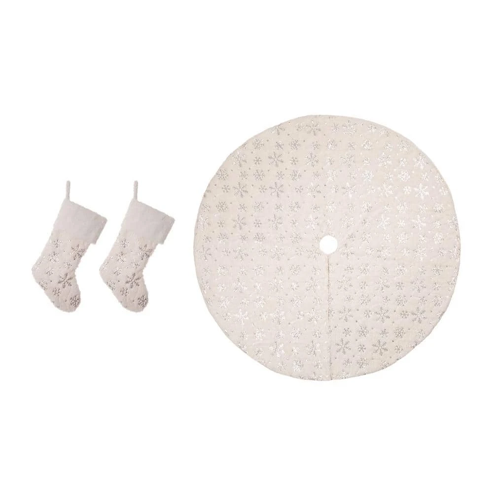 48 In. D Christmas Tree Skirt And 2-Pack Stocking White Plush With Snowflake (Set Of 3) 1 48 In. D Christmas Tree Skirt And 2-Pack Stocking White Plush With Snowflake (Set Of 3)