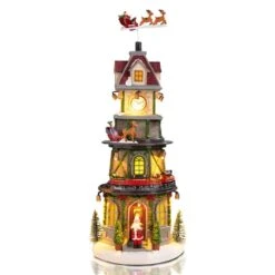 15 In. Christmas Tabletop Clock Tower Collectible Buildings With Revolving Train, Village House