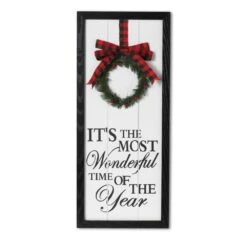 27.56 In. Multi-Color Wood Wall Sign With Pine Wreath And Bow Accent