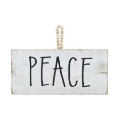 7.125 In. Peace White Wood Christmas Wall Sign With Natural Wood Bead String