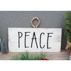 7.125 In. Peace White Wood Christmas Wall Sign With Natural Wood Bead String -Northlight Shop christmas wall decorations uh354 c3 1000