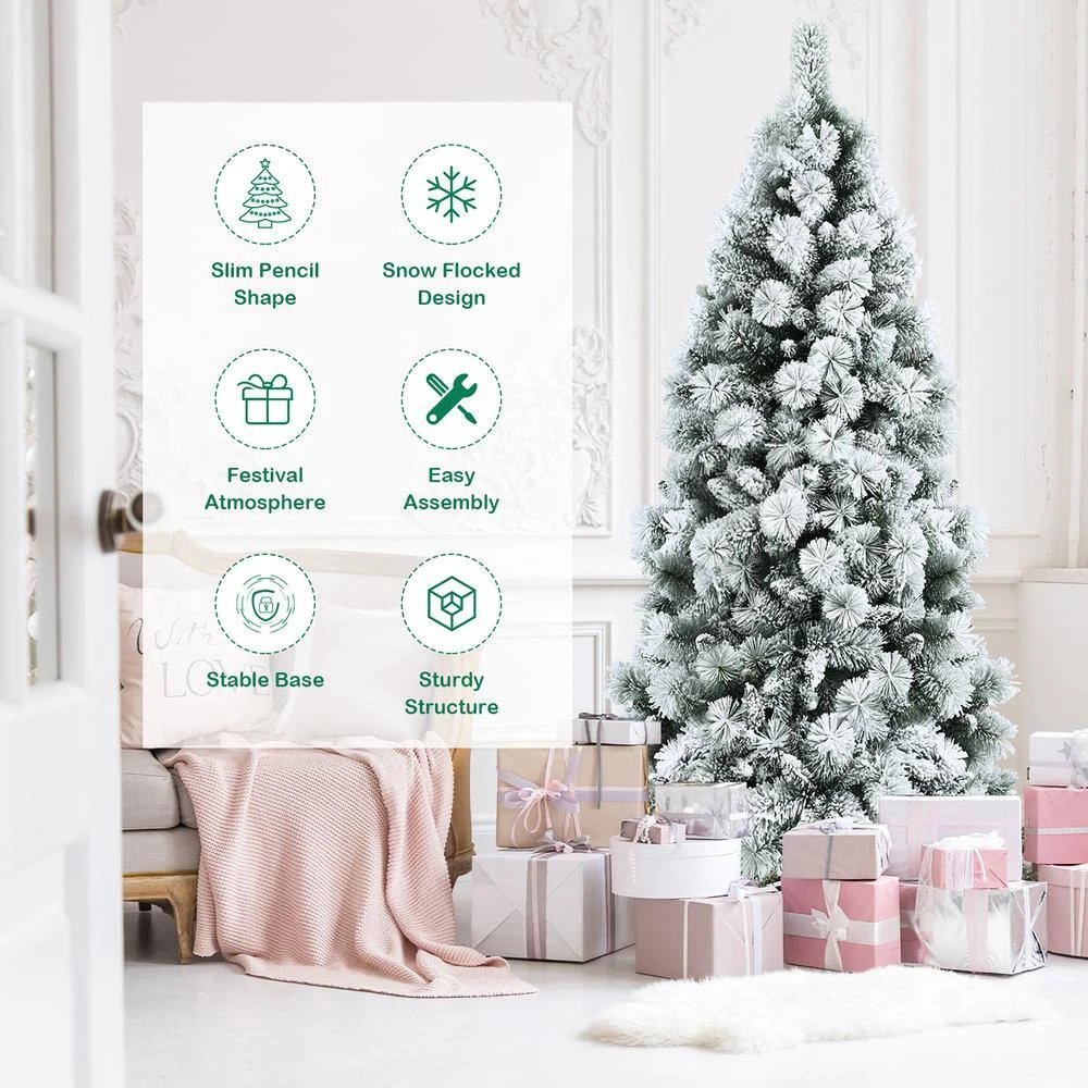 7 Ft. White Unlit Snow Flocked Hinged Slim Artificial Christmas Tree W/Pine Needles 9 7 Ft. White Unlit Snow Flocked Hinged Slim Artificial Christmas Tree W/Pine Needles - Image 9