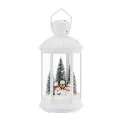Tabletop Christmas Holiday Winter Scene Falling Snow Music Snowglobe Diorama Lit Lantern Decoration - White