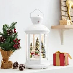 Tabletop Christmas Holiday Winter Scene Falling Snow Music Snowglobe Diorama Lit Lantern Decoration - White -Northlight Shop danya b christmas centerpieces uw1216wh c3 1000