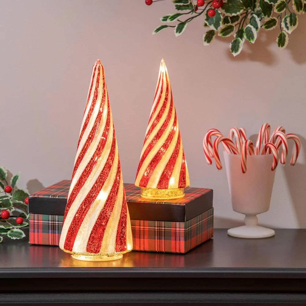 12 In. LED Red And White Striped Trees Christmas Table Decor, (Set Of 2) 3 12 In. LED Red And White Striped Trees Christmas Table Decor, (Set Of 2) - Image 3
