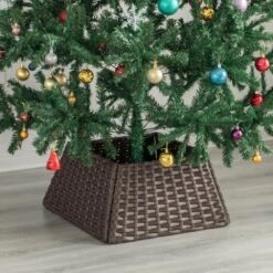 Brown Plastic, Rattan Foldable Christmas Tree Skirt Collar Basket, Ring Base Stand Cover -Northlight Shop gardenised christmas tree skirts qi004155 br 44 1000