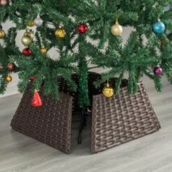 Brown Plastic, Rattan Foldable Christmas Tree Skirt Collar Basket, Ring Base Stand Cover -Northlight Shop gardenised christmas tree skirts qi004155 br 66 1000