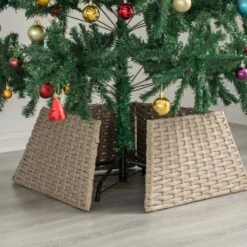 Grey Plastic, Rattan Foldable Christmas Tree Skirt Collar Basket, Ring Base Stand Cover -Northlight Shop gardenised christmas tree skirts qi004155 gy 66 1000