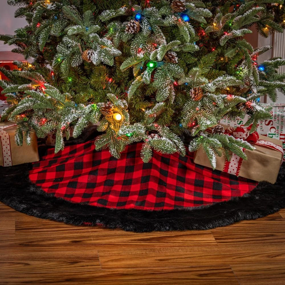 48 In. Christmas Faux Fur Trimmed Buffalo Plaid Tree Skirt 3 48 In. Christmas Faux Fur Trimmed Buffalo Plaid Tree Skirt - Image 3