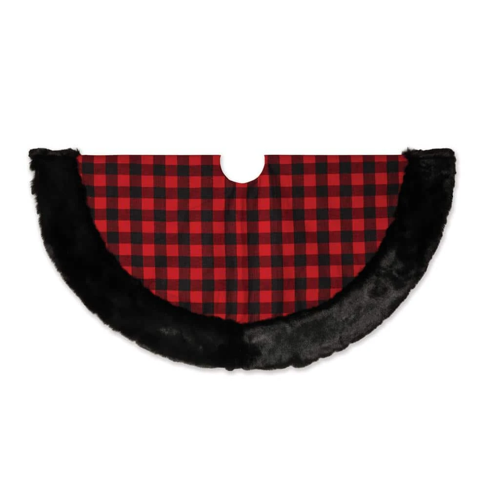 48 In. Christmas Faux Fur Trimmed Buffalo Plaid Tree Skirt 1 48 In. Christmas Faux Fur Trimmed Buffalo Plaid Tree Skirt