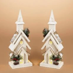 15.2 In. H Battery Operated Lighted Fir Wood Christmas Village Church With Pine Accents, Includes Timer(Set Of 2) -Northlight Shop gerson international christmas villages 2429690ec 31 1000