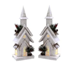 15.2 In. H Battery Operated Lighted Fir Wood Christmas Village Church With Pine Accents, Includes Timer(Set Of 2)