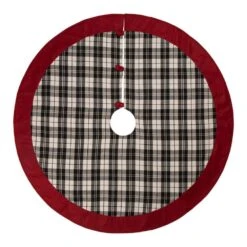 48 In. D Black And White Plaid Fabric Christmas Tree Skirt With Red Trim