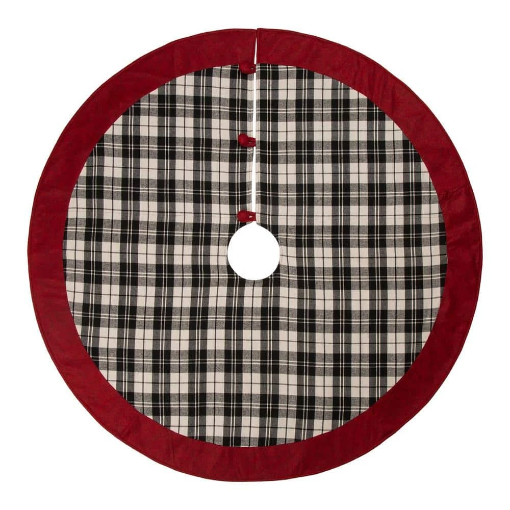 48 In. D Black And White Plaid Fabric Christmas Tree Skirt With Red Trim 1 48 In. D Black And White Plaid Fabric Christmas Tree Skirt With Red Trim