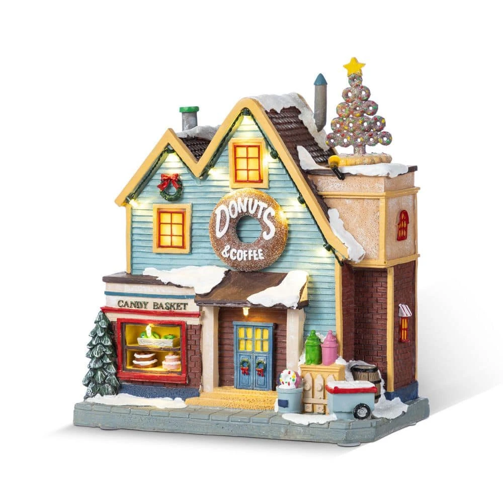 10.25 In. Lighted Donuts And Coffee Shop Resin Christmas Village With Movement And Music 1 10.25 In. Lighted Donuts And Coffee Shop Resin Christmas Village With Movement And Music