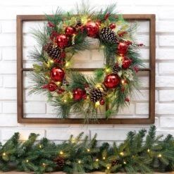 7 In. Wooden Window Frame With LED Pre-Lit Pinecone And Ornament Wreath -Northlight Shop glitzhome christmas wall decorations 2005500044 31 1000