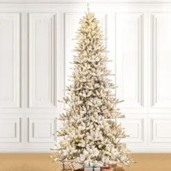 11 Ft. Pre-Lit Flocked Slim Fir Artificial Christmas Tree With 950 Warm White Lights -Northlight Shop glitzhome pre lit christmas trees gh2004900002 fa 1000