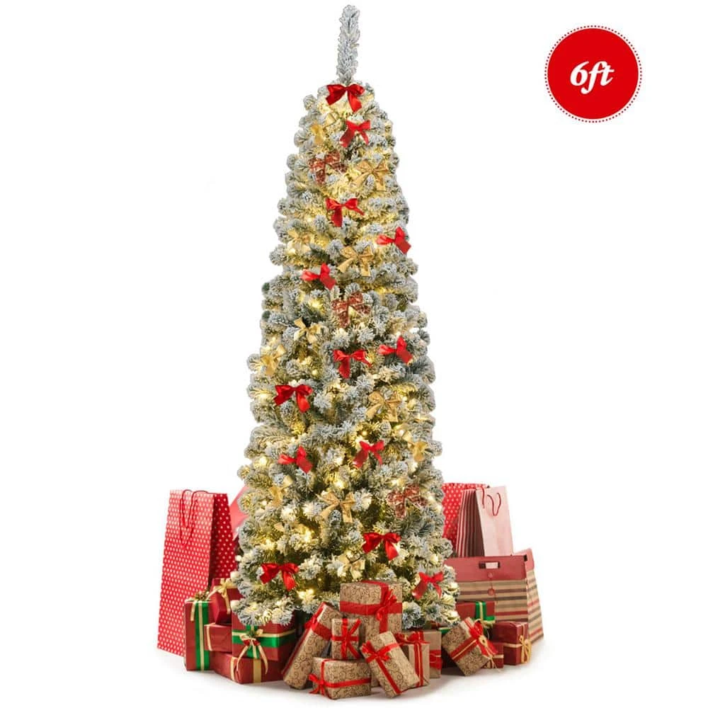 6 Ft. Pre-Lit Pencil Snow Flocked Pencil Artificial Christmas Tree Holiday Decoration 6 6 Ft. Pre-Lit Pencil Snow Flocked Pencil Artificial Christmas Tree Holiday Decoration - Image 6
