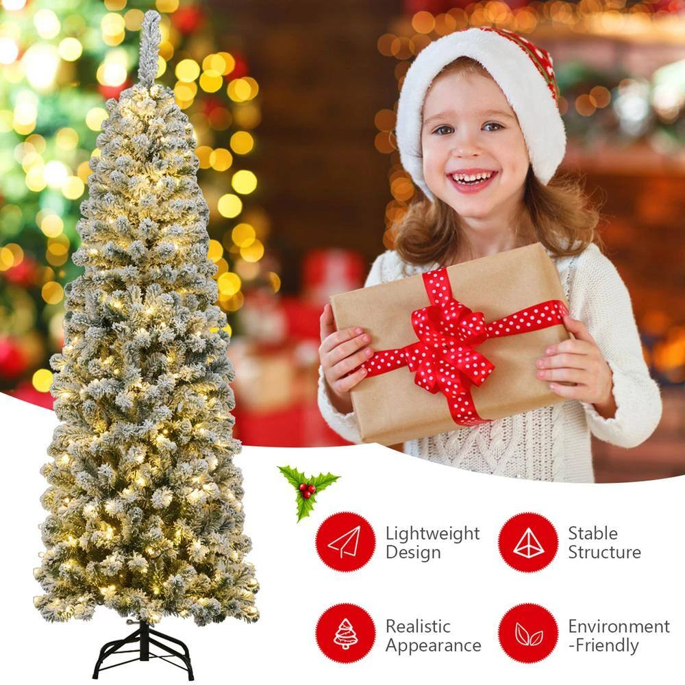 6 Ft. Pre-Lit Pencil Snow Flocked Pencil Artificial Christmas Tree Holiday Decoration 7 6 Ft. Pre-Lit Pencil Snow Flocked Pencil Artificial Christmas Tree Holiday Decoration - Image 7