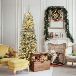 6 Ft. Pre-Lit Pencil Snow Flocked Pencil Artificial Christmas Tree Holiday Decoration 14 6 Ft. Pre-Lit Pencil Snow Flocked Pencil Artificial Christmas Tree Holiday Decoration -Northlight Shop gymax pre lit christmas trees gym06098 4f 1000