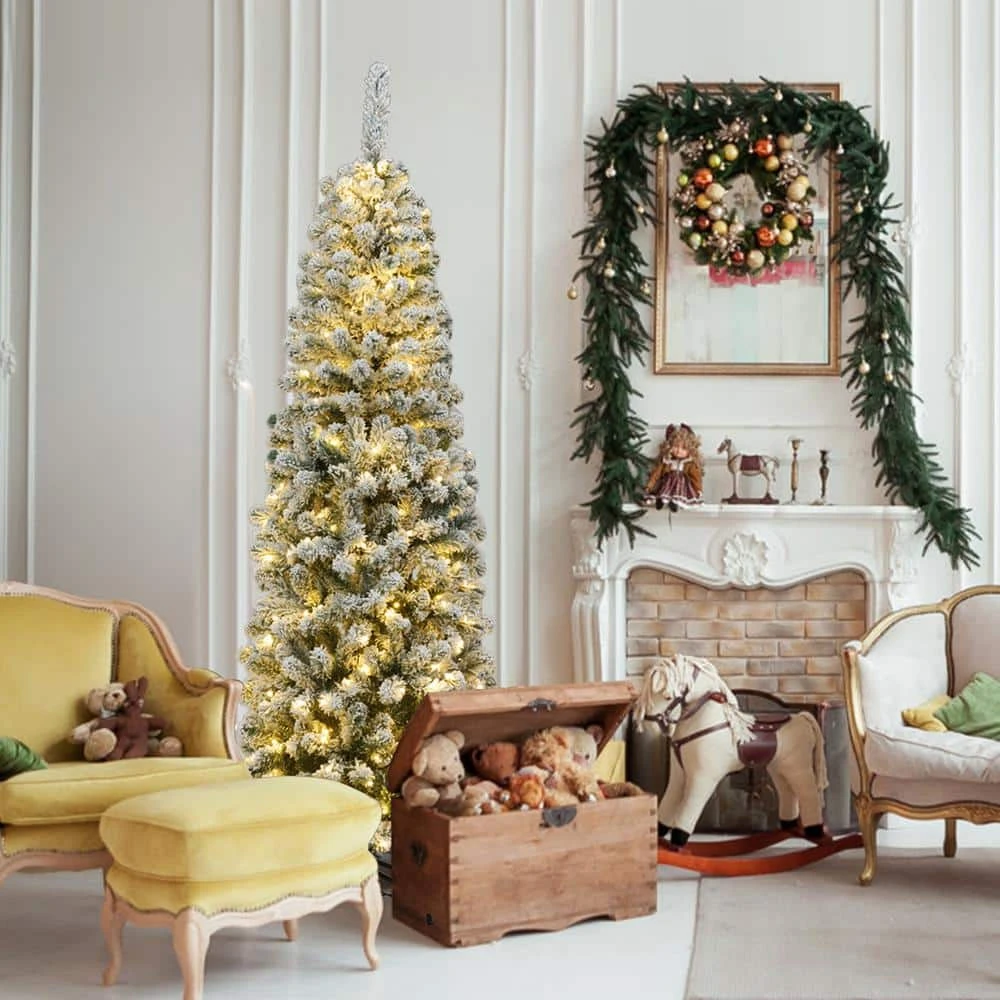 6 Ft. Pre-Lit Pencil Snow Flocked Pencil Artificial Christmas Tree Holiday Decoration 5 6 Ft. Pre-Lit Pencil Snow Flocked Pencil Artificial Christmas Tree Holiday Decoration - Image 5