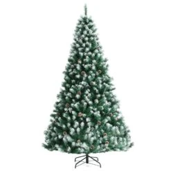 6 Ft. Snow Flocked Artificial Christmas Tree Hinged Xmas Tree With Pine Cones
