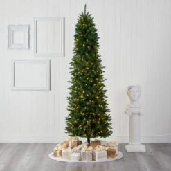8 Ft. Pre-Lit Slim Green Mountain Pine Artificial Christmas Tree With 400 Clear LED Lights -Northlight Shop nearly natural pre lit christmas trees t1604 31 1000