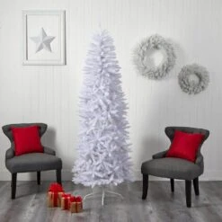 7 Ft. White Pre-Lit LED Slim Artificial Christmas Tree With 300 Warm White Lights -Northlight Shop nearly natural pre lit christmas trees t3361 66 1000