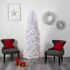 7 Ft. White Pre-Lit LED Slim Artificial Christmas Tree With 300 Warm White Lights -Northlight Shop nearly natural pre lit christmas trees t3361 76 1000