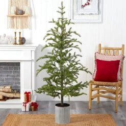 5.5 Ft. Pre-Lit Pine Artificial Christmas Tree In Decorative Planter With 150 Lights -Northlight Shop nearly natural pre lit christmas trees t3395 1f 1000