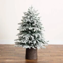 4 Ft. Pre-Lit Artificial Flocked Christmas Tree With 100-Warm White LED Lights In Decorative Trunk Planter -Northlight Shop nearly natural pre lit christmas trees t5405 1d 1000