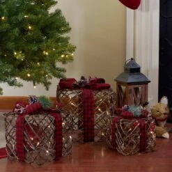 Northlight Set Of 3 LED Rustic Rattan Christmas Gift Boxes With Pinec1s -Northlight Shop northlight christmas centerpieces 34314909 31 1000