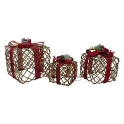 Northlight Set Of 3 LED Rustic Rattan Christmas Gift Boxes With Pinec1s