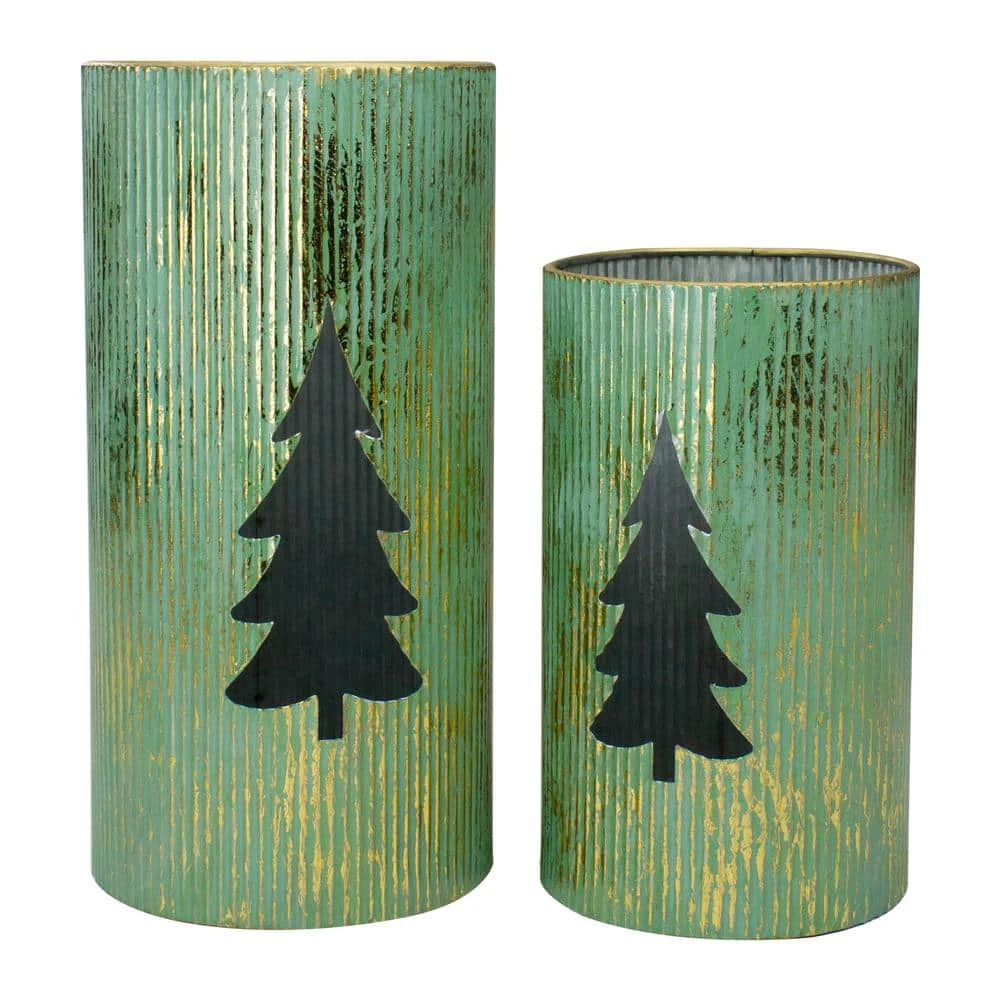 Northlight Set Of 2 Rustic Green And Gold Christmas Tree Tabletop Lanterns 12 In. 1 Northlight Set Of 2 Rustic Green And Gold Christmas Tree Tabletop Lanterns 12 In.