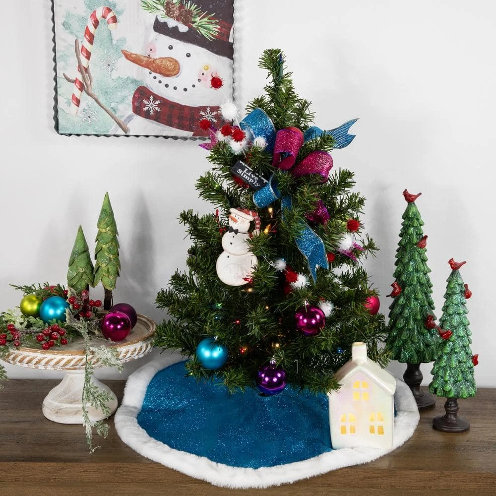 Northlight 20 In. Blue Glittered Mini Christmas Tree Skirt With Faux Fur Trim 6 Northlight 20 In. Blue Glittered Mini Christmas Tree Skirt With Faux Fur Trim - Image 6