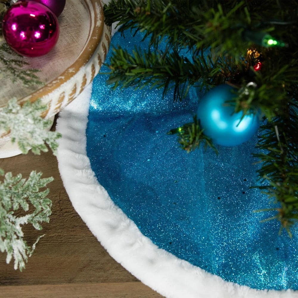 Northlight 20 In. Blue Glittered Mini Christmas Tree Skirt With Faux Fur Trim 2 Northlight 20 In. Blue Glittered Mini Christmas Tree Skirt With Faux Fur Trim - Image 2