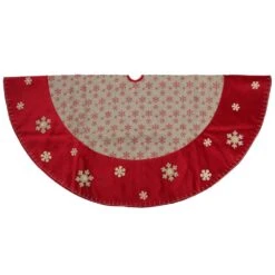 Northlight 60 In. Burlap Glittered Snowflake Rustic Christmas Tree Skirt With Red Velvet Trim