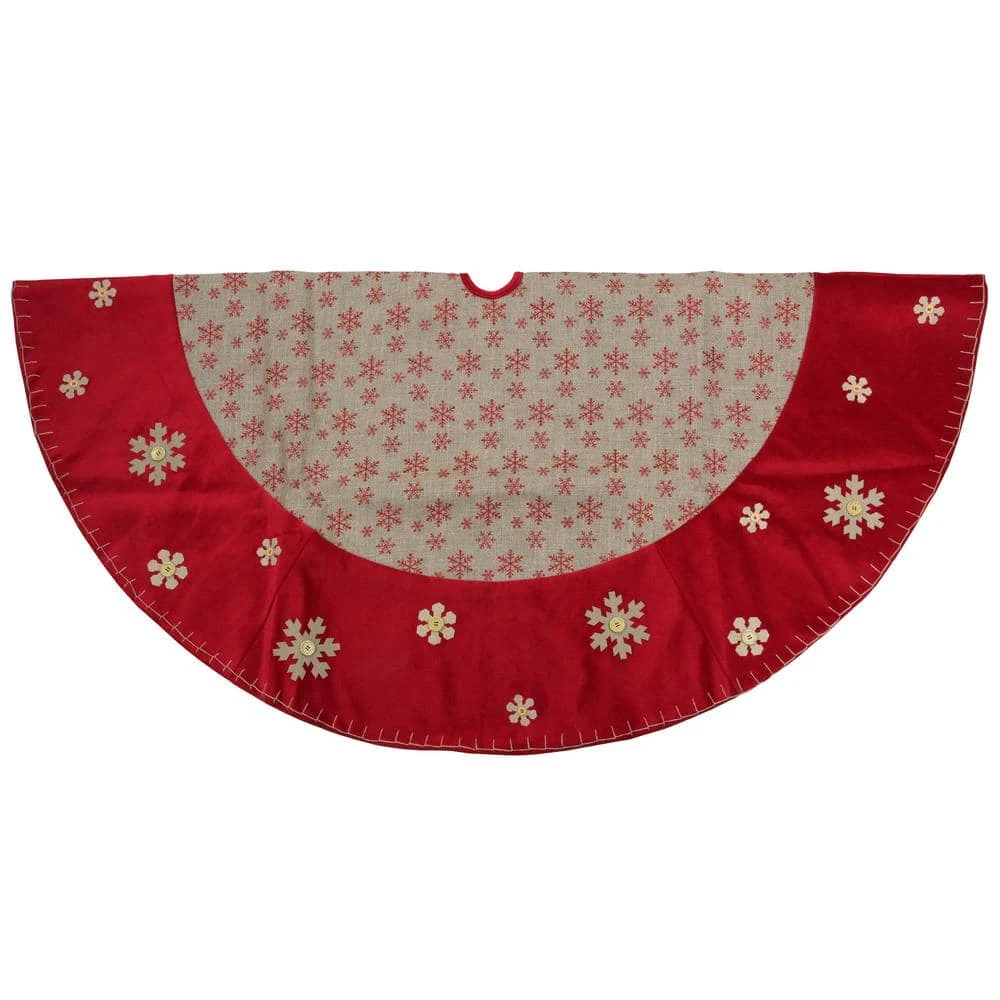 Northlight 60 In. Burlap Glittered Snowflake Rustic Christmas Tree Skirt With Red Velvet Trim 1 Northlight 60 In. Burlap Glittered Snowflake Rustic Christmas Tree Skirt With Red Velvet Trim