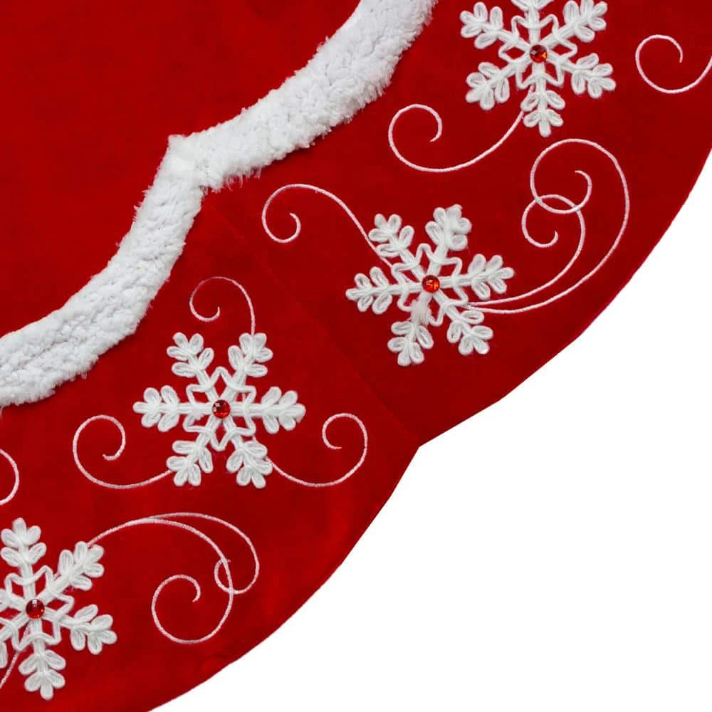 Northlight 48 In. Velvet Red And White Snowflake Scallop Christmas Tree Skirt 2 Northlight 48 In. Velvet Red And White Snowflake Scallop Christmas Tree Skirt - Image 2